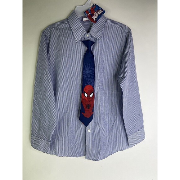 Marvel Spider-Man Boys Size M 10-12 Button Front Striped Dress Shirt with Tie - Picture 1 of 7